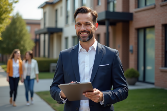 Agent immobilier avec couple devant maison moderne