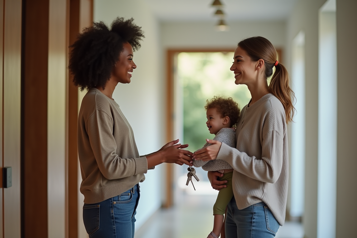 Agent immobilier remettant les clés à une mère et son enfant