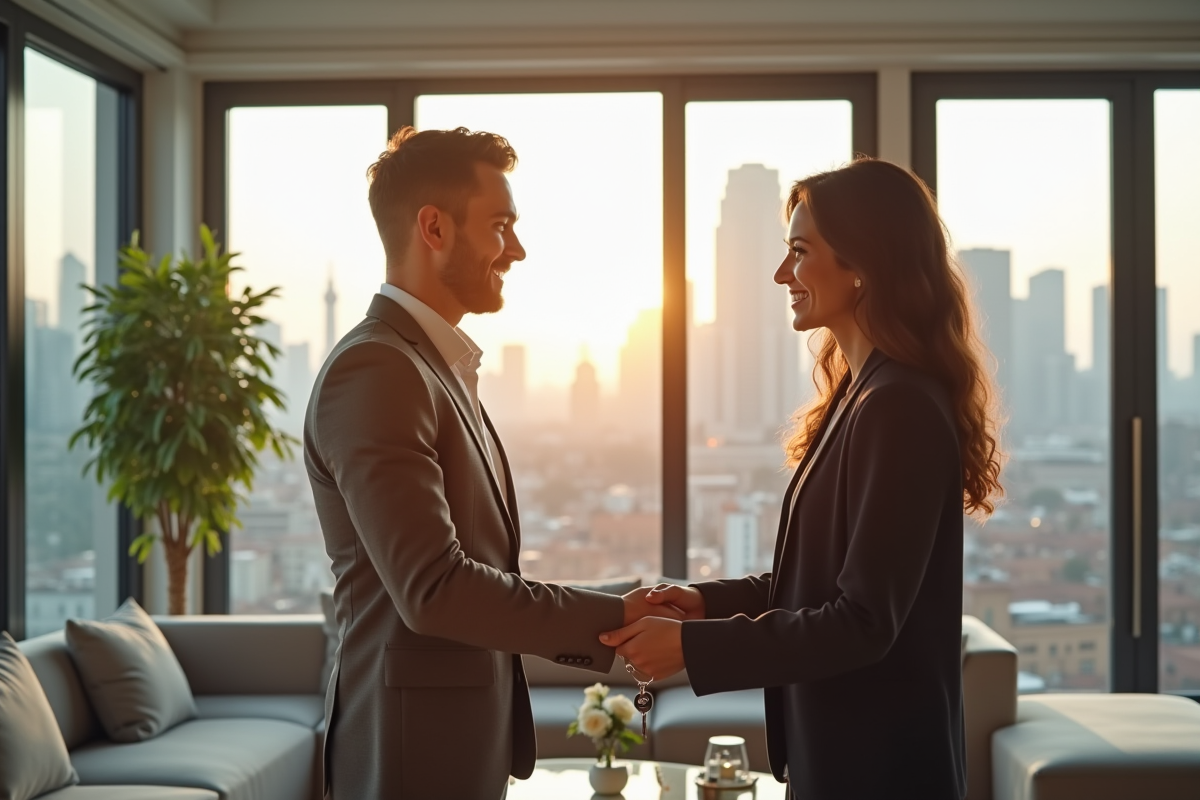 Agent immobilier souriant remettant les clés à un jeune couple dans un salon lumineux