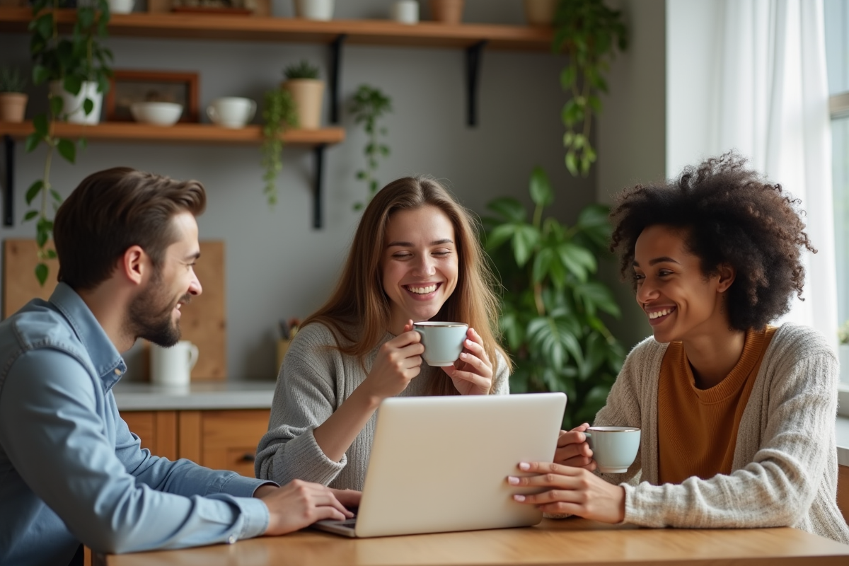 Trois amis souriants autour d une table de cuisine avec tasses et ordinateurs