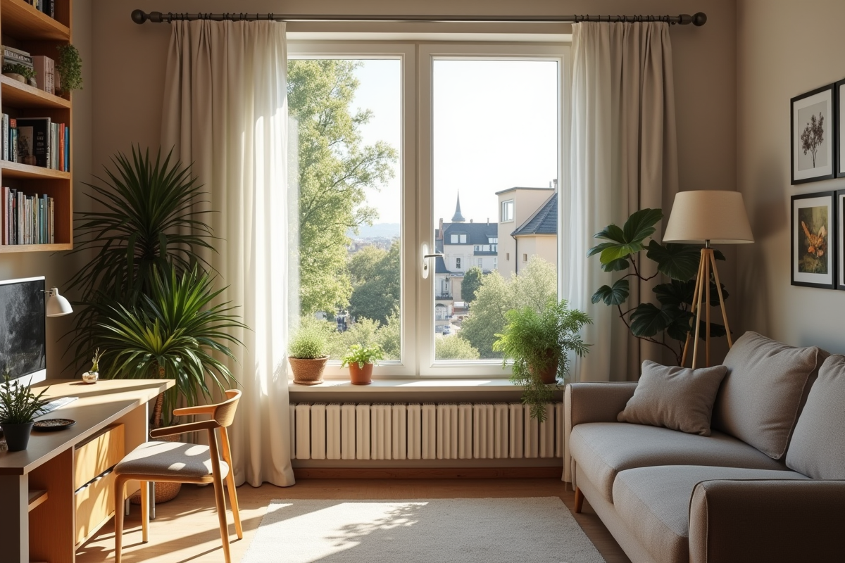 Intérieur cosy d un studio français avec vue paisible