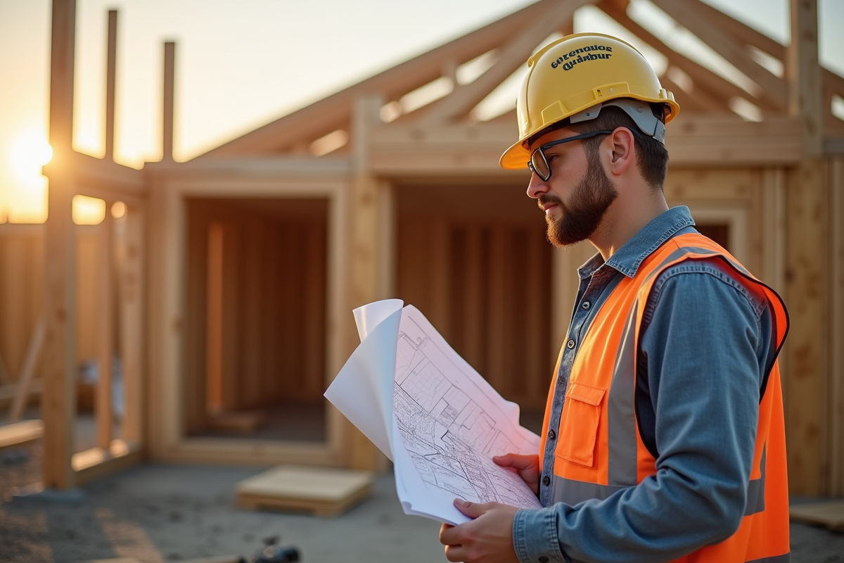 Architecte avec plans devant un abri en construction en bois