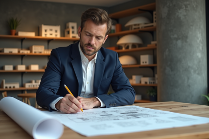 Architecte homme en blazer bleu examine des plans dans un bureau moderne