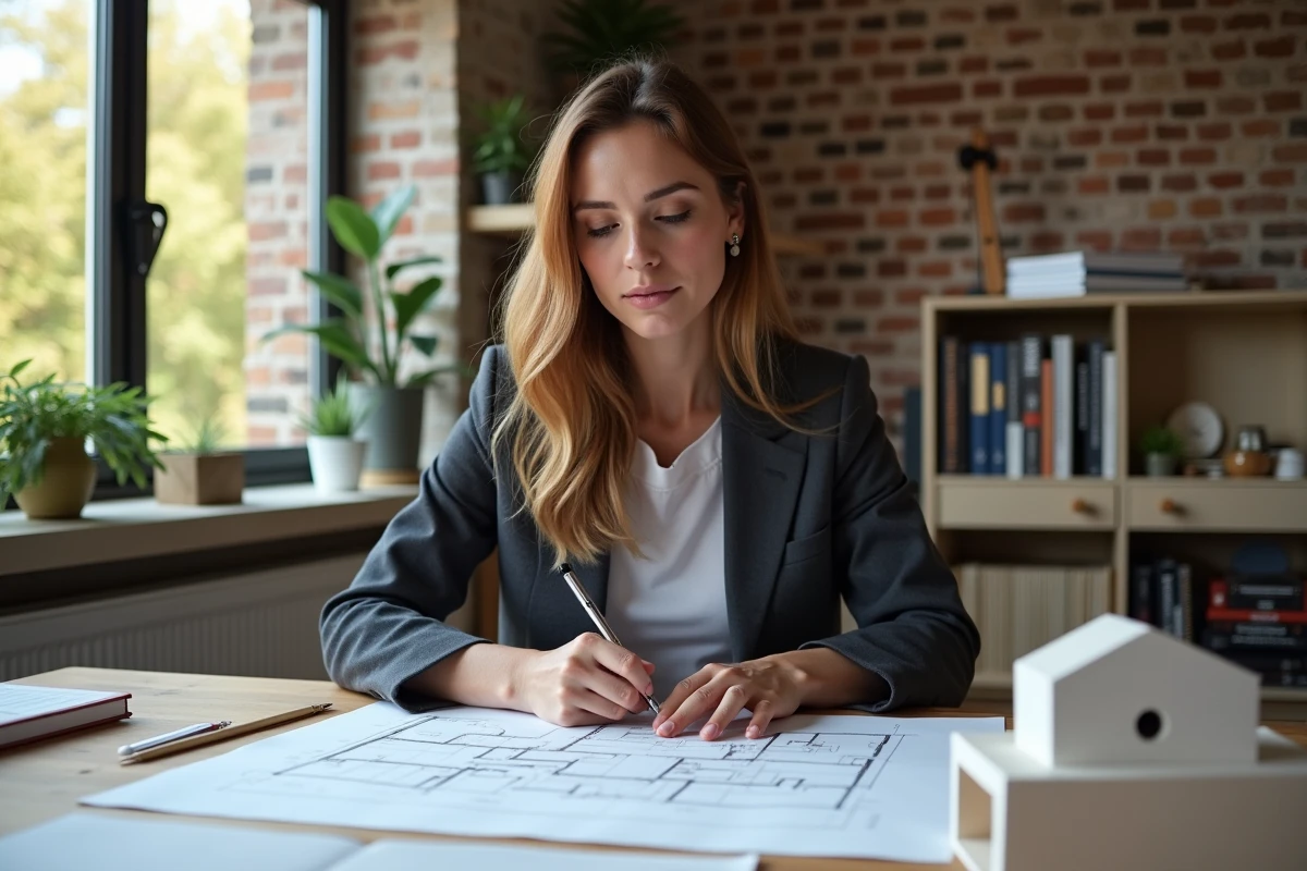 Architecte femme dessinant plans de renovation dans son bureau