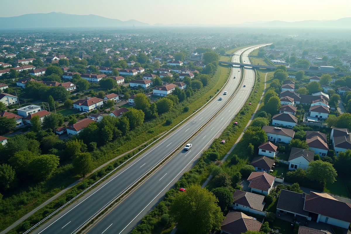 Autoroute traversant zones urbaines et rurales en journée