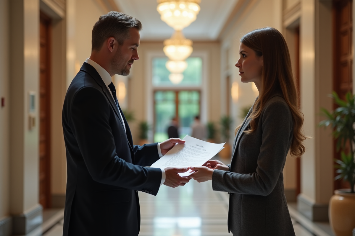 Avocate remettant des papiers d eviction à un locataire en lobby