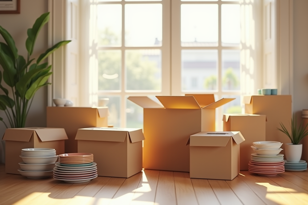 Boîtes de déménagement vides avec vaisselle colorée à côté