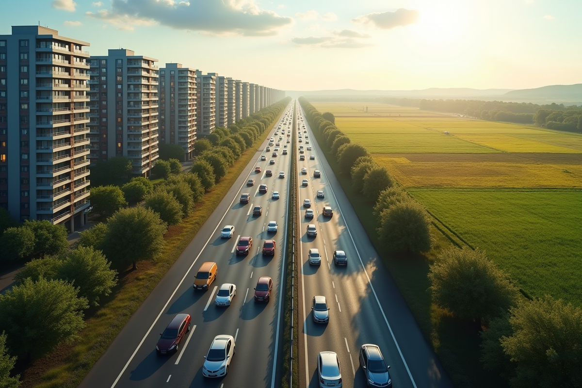 Embouteillage sur une route entre ville et campagne en plein jour