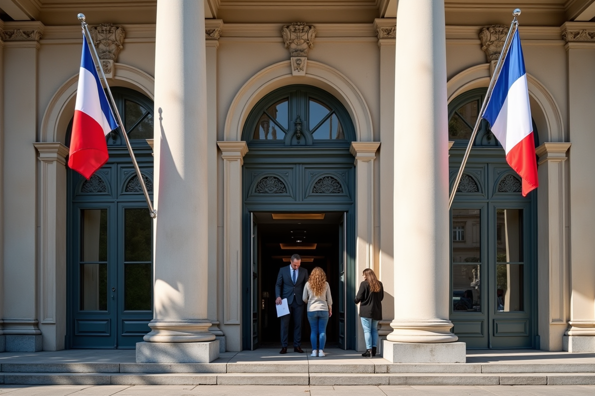 Bâtiment officiel français avec drapeau et personnes entrant