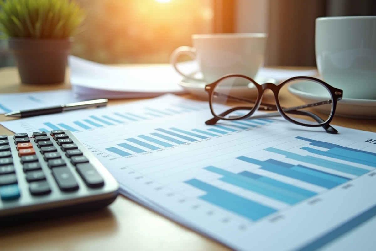 Tableau avec documents financiers calculatrice et tasse de café sur un bureau en bois