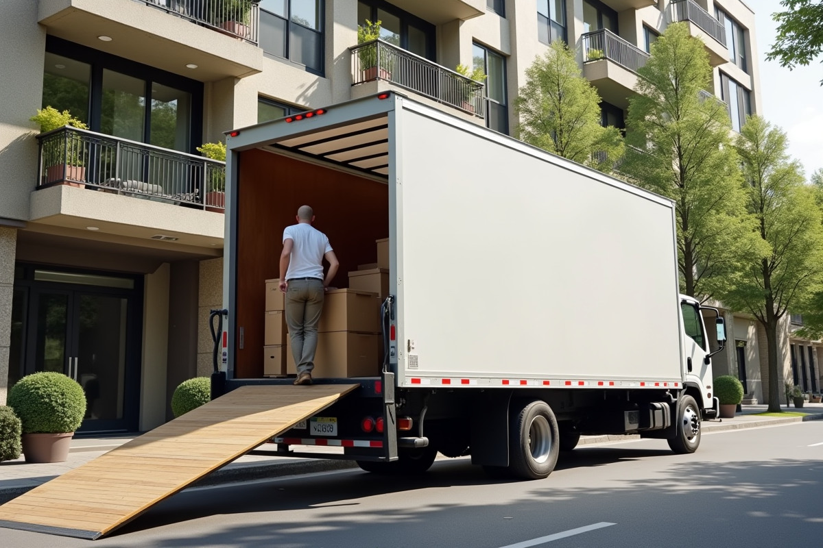 Camion de déménagement garé devant un immeuble en ville