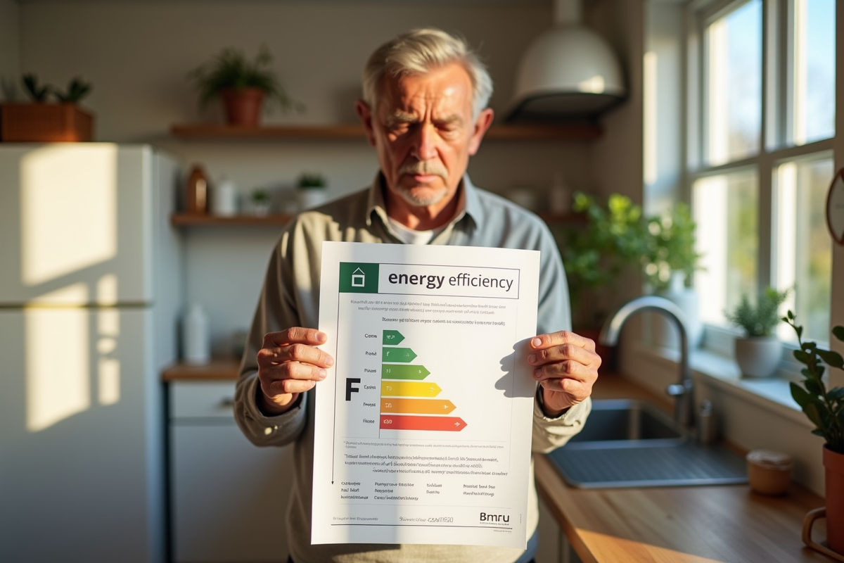 Propriétaire regardant certificat energie F dans cuisine lumineuse