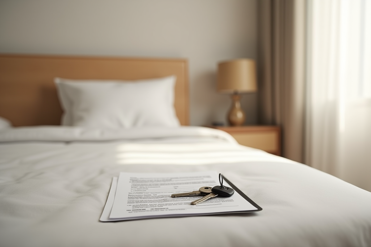 Chambre lumineuse avec clés et contrat sur le lit dans un style minimaliste