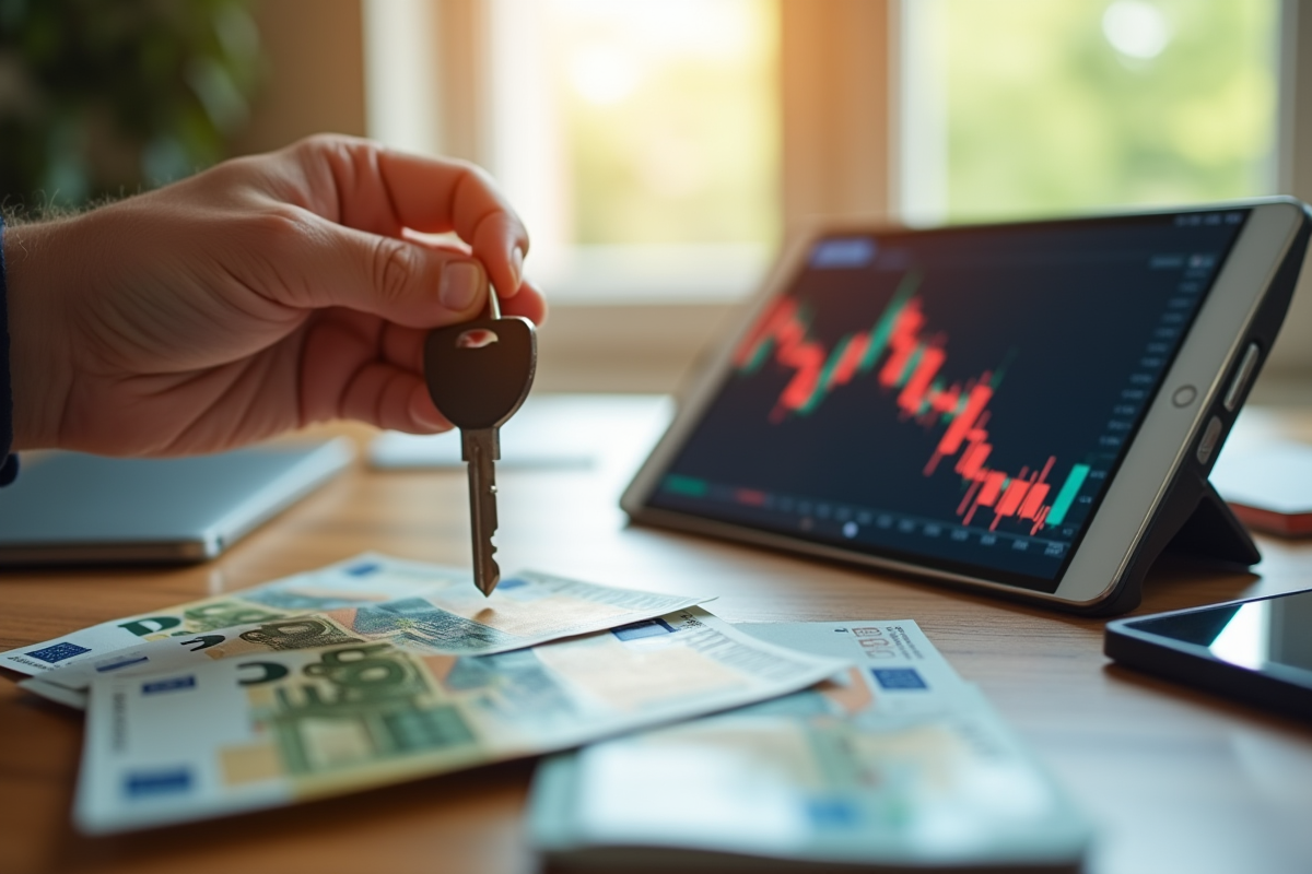 Main tenant une clé de maison avec billets et tablette financière