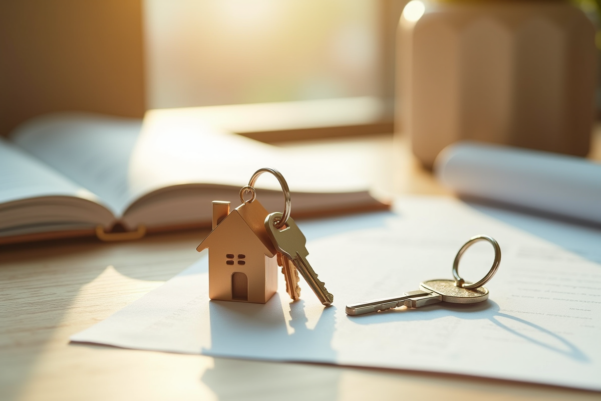 Jeu de clés avec porte-clés maison sur une table en bois claire