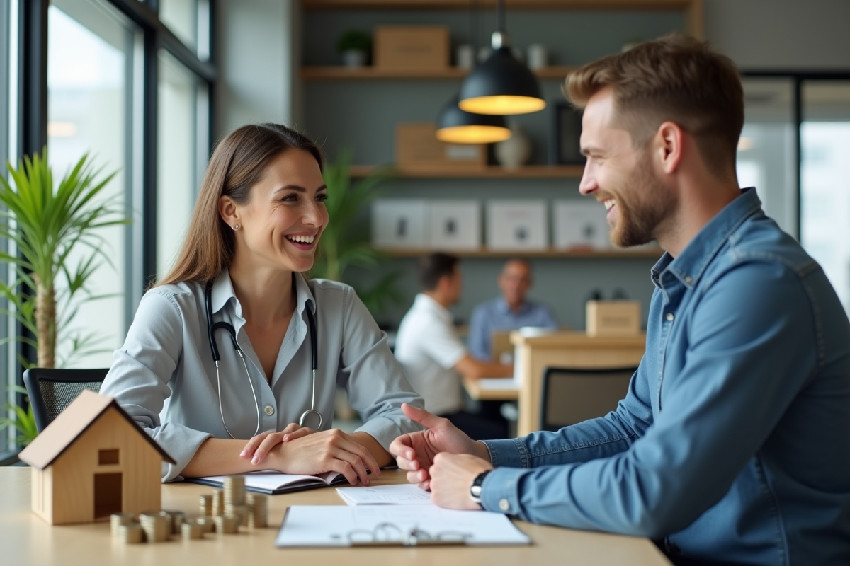 Conseiller bancaire avec client et maquette de maison