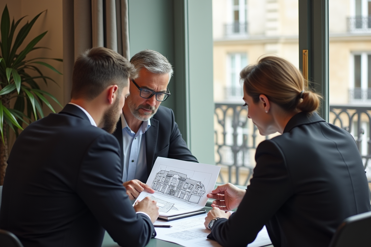 Conseiller financier montrant documents d investissement immobilier à un couple