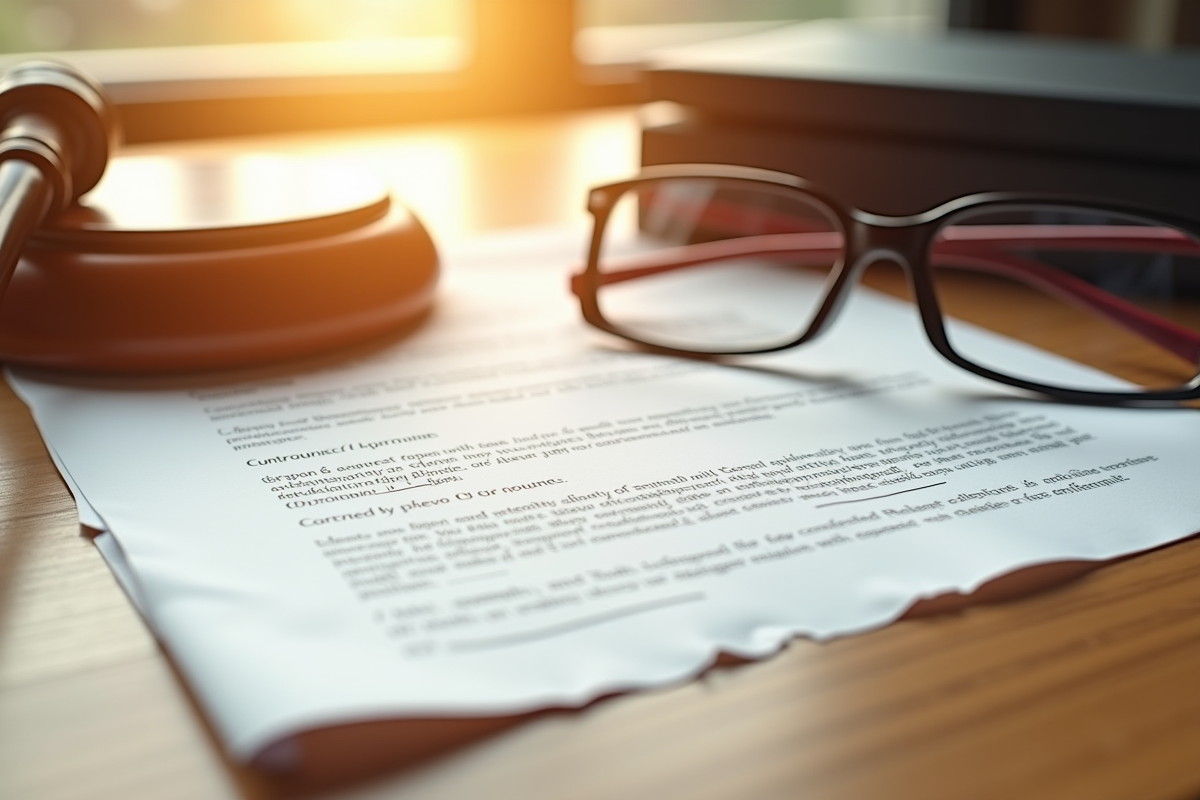 Contrat déchiré sur un bureau avec une juge et des lunettes