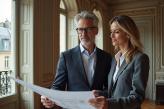 Couple en costume élégant examinant des plans dans un appartement haussmannien