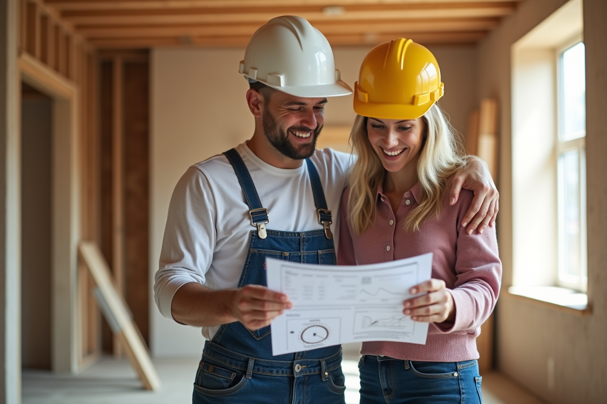 Couple heureux avec entrepreneur examinant des papiers dans une maison rénovée