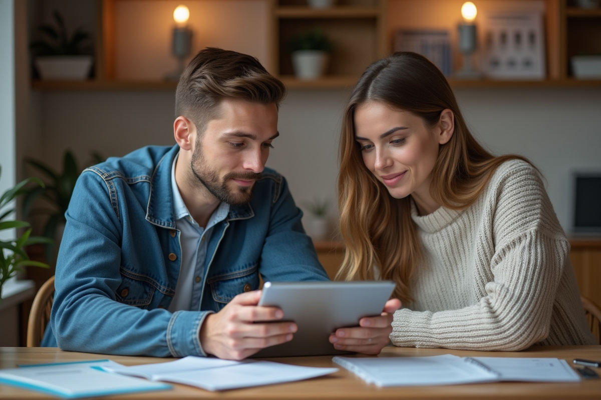 Jeune couple regardant un conseiller adil