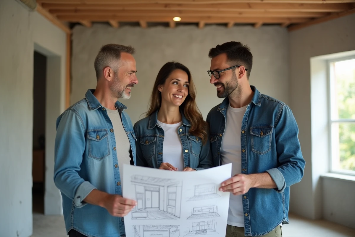 Couple discutant avec professionnel de la renovation dans une maison en travaux
