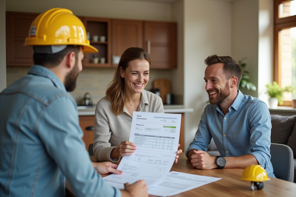 Couple souriant discutant avec un professionnel de la renovation