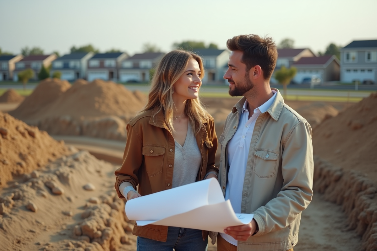 Couple discutant de leur future maison sur un terrain en construction