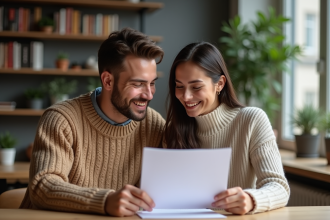 Jeune couple souriant en famille à la maison avec documents