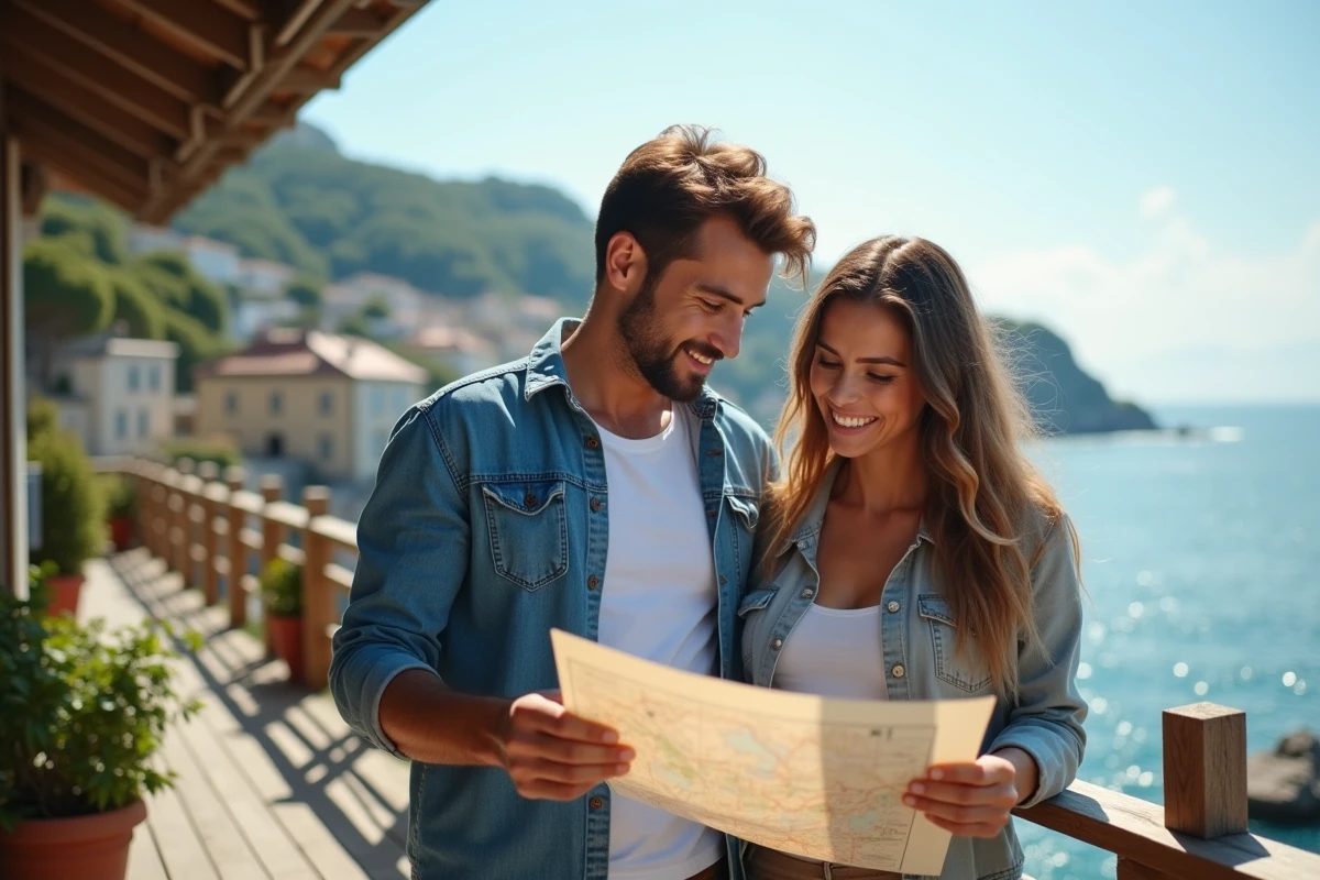 Jeune couple regardant une carte sur une terrasse en bord de mer