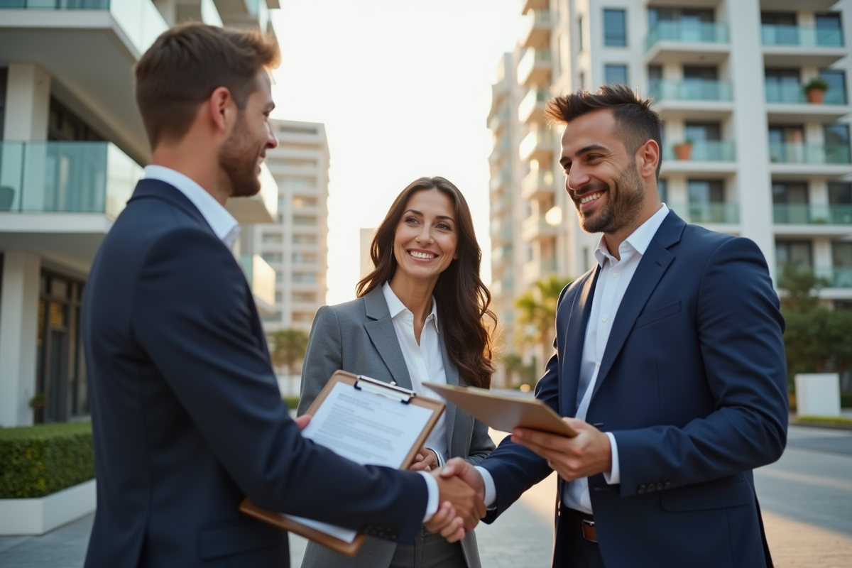 Jeune couple souriant signant un contrat de location avec agent immobilier