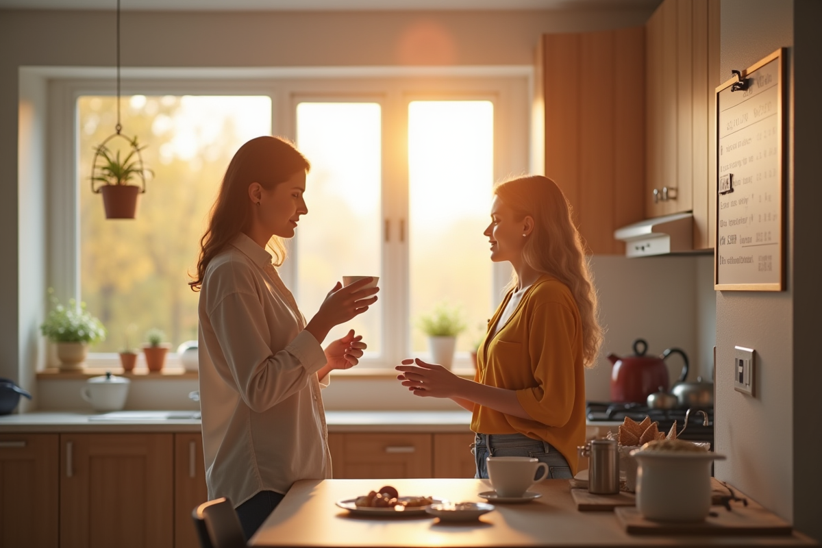 Deux colocataires dans une cuisine moderne au soleil