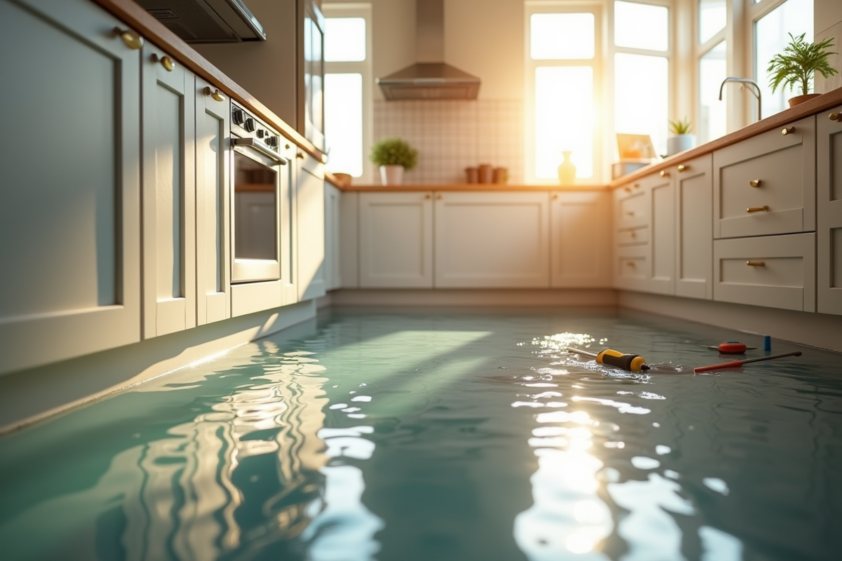 Cuisine lumineuse avec eau sous les meubles et outils de réparation