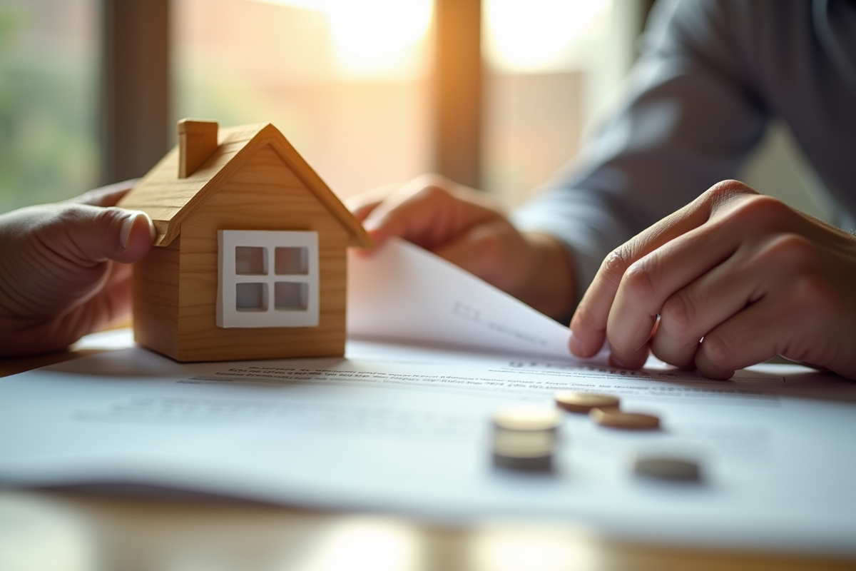 Mains déchirant un contrat de prêt immobilier avec une maison miniature et des pièces d euro