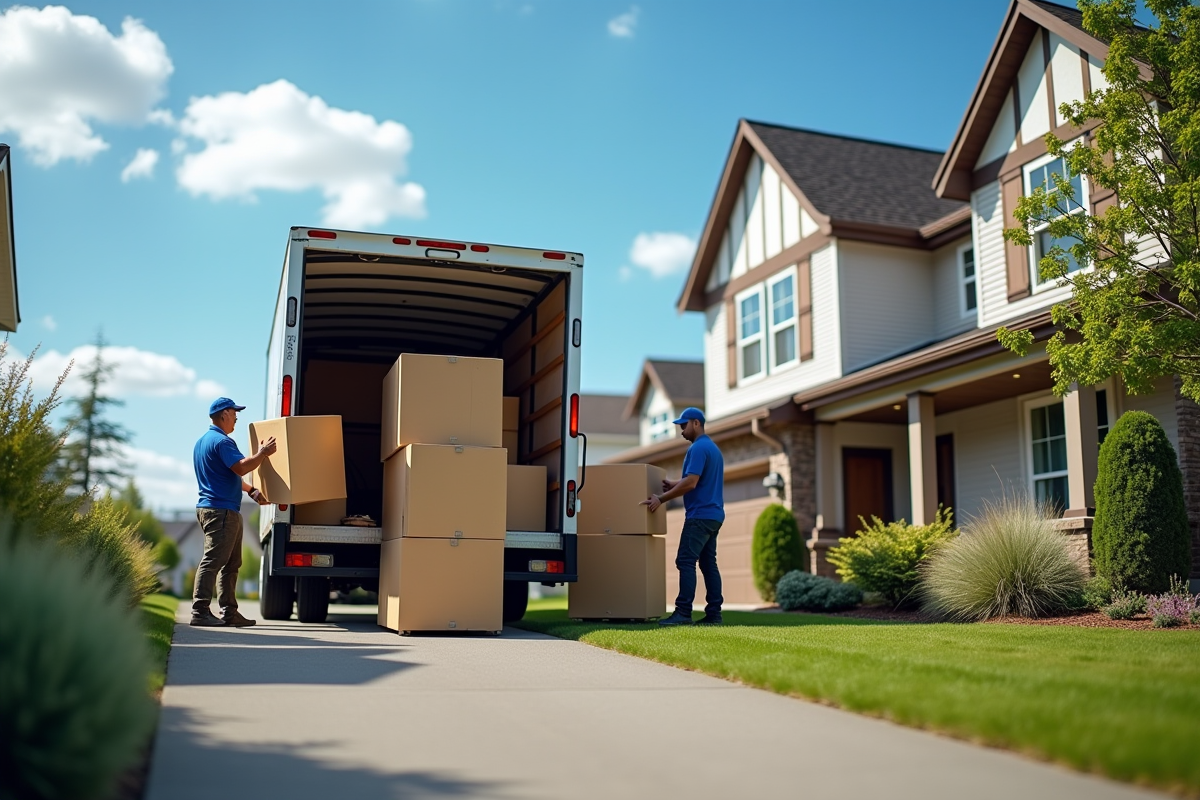 Déménageurs professionnels chargeant des meubles dans un camion dehors