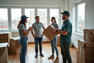Un couple discute avec des déménageurs dans un salon moderne