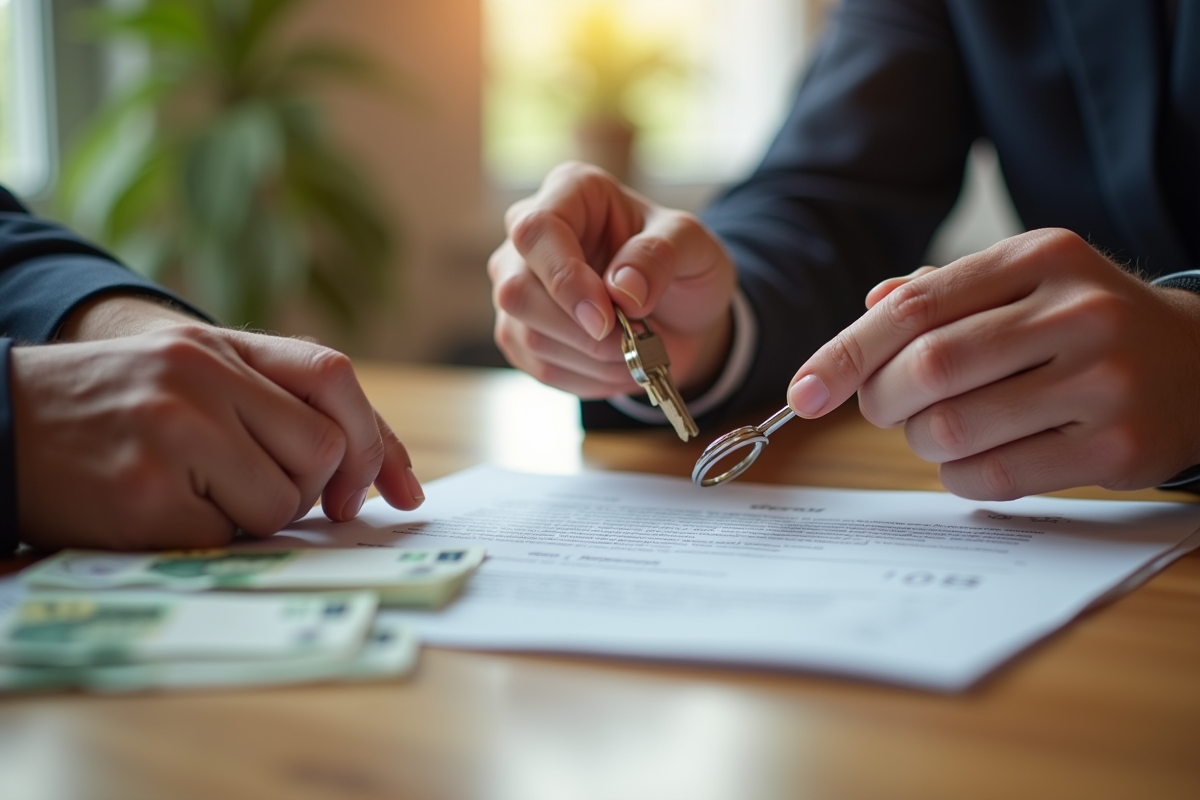 Main échangeant une clé et un contrat sur une table en bois