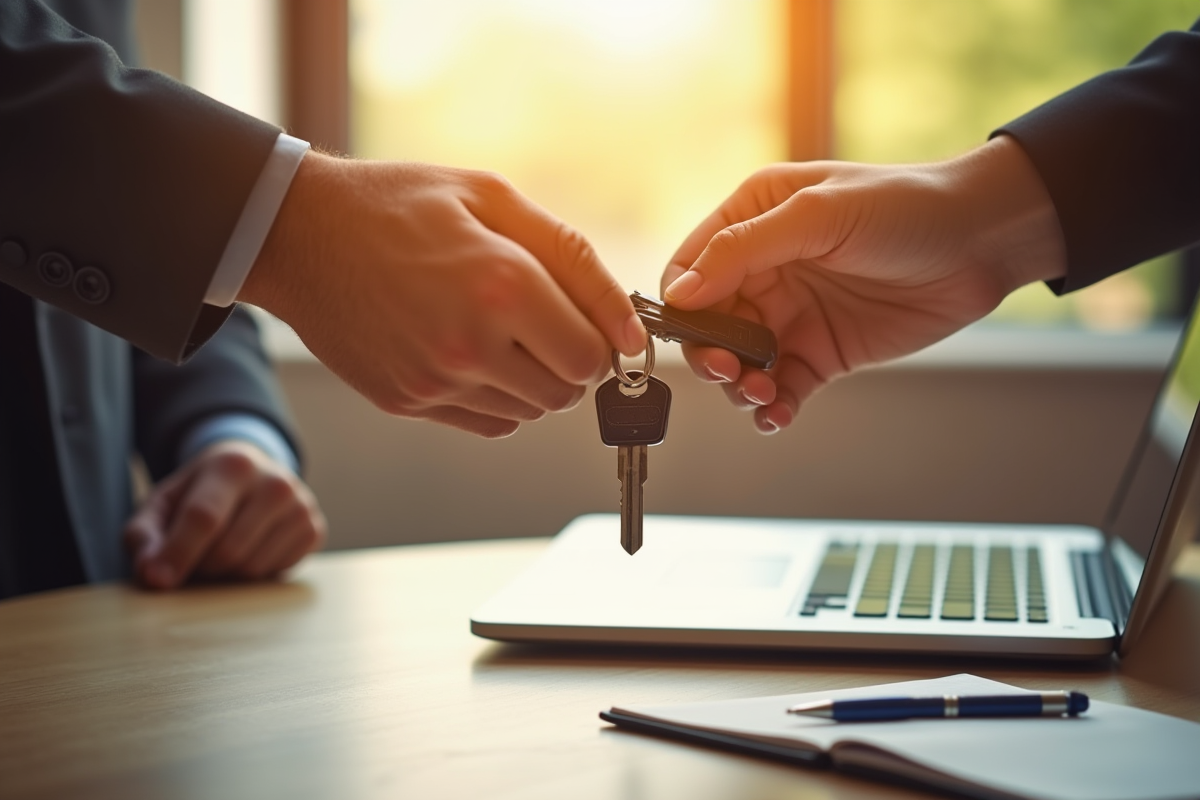 Main échangeant des clés et un dossier sur un bureau en bois