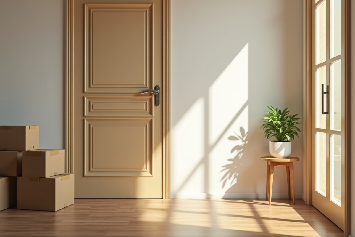 Entrée d appartement fraîchement peint avec clés et cartons de déménagement