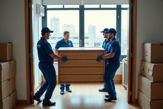 Equipe de monteurs professionnels portant un mobilier dans un appartement moderne
