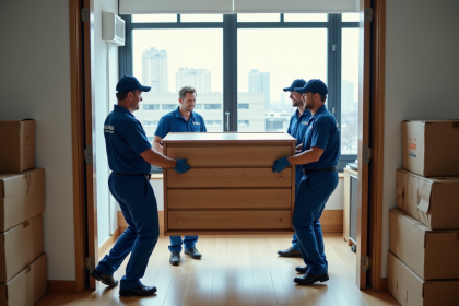 Equipe de monteurs professionnels portant un mobilier dans un appartement moderne