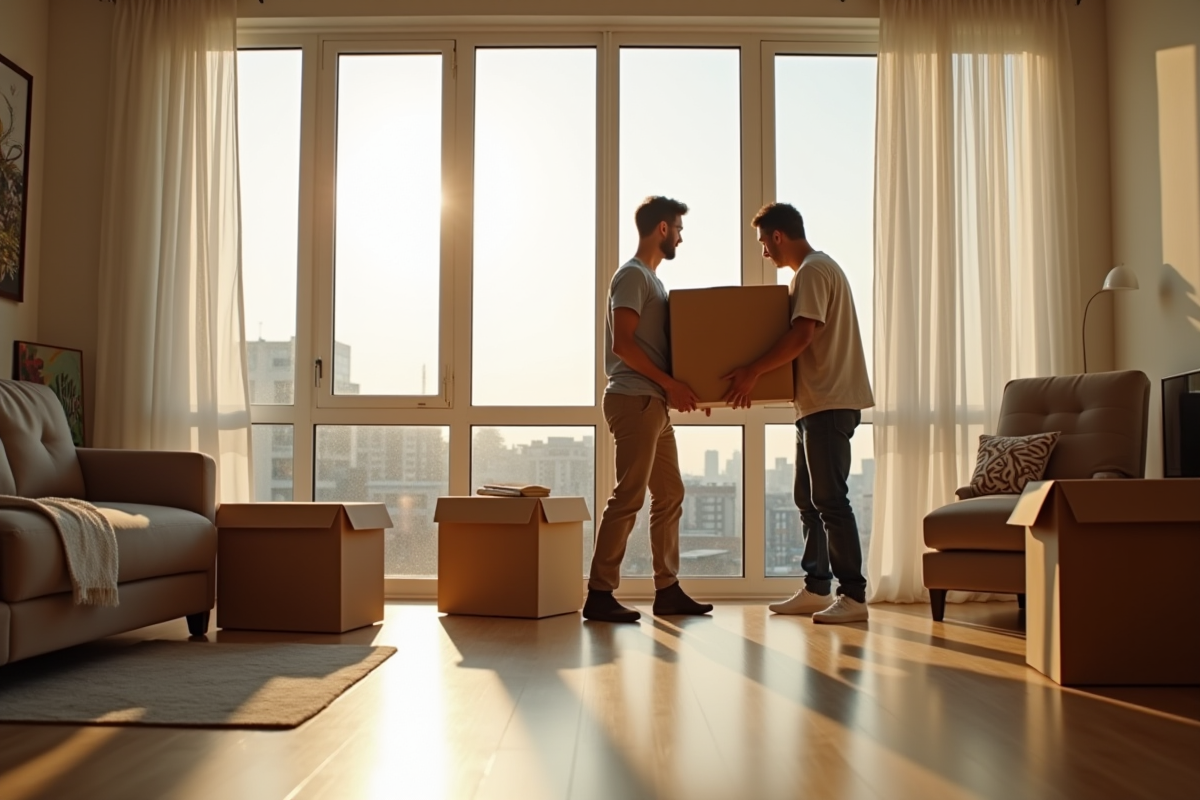 Equipe de déménageurs soulevant des meubles dans un appartement moderne