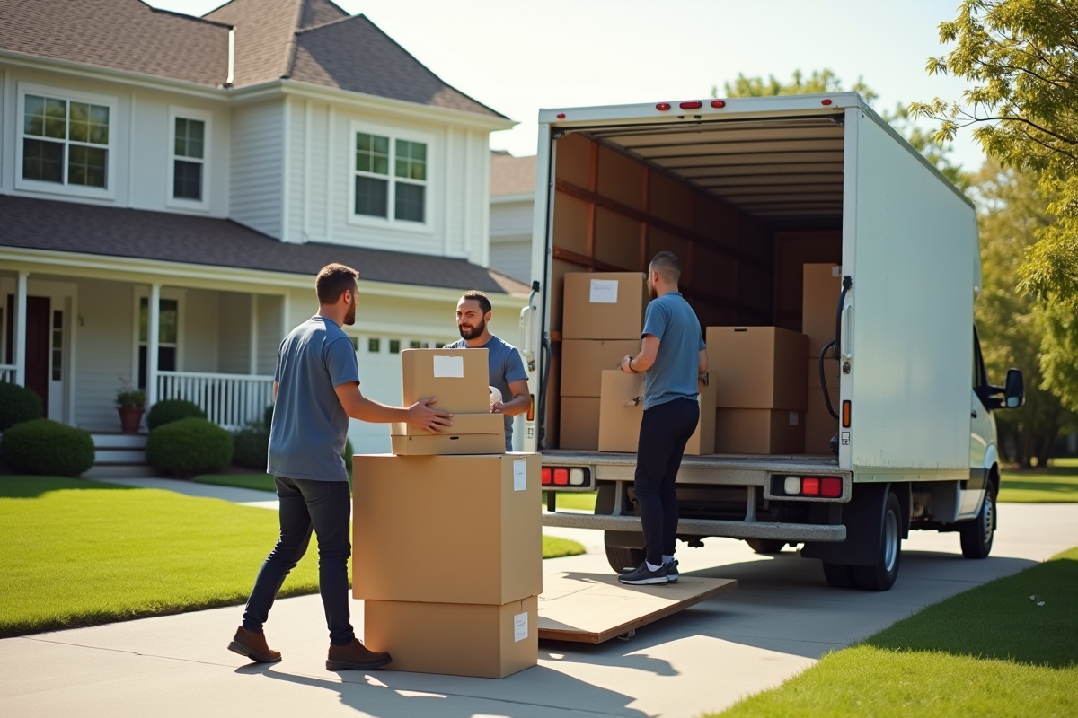 Equipe de déménageurs chargeant des cartons dans un camion devant une maison
