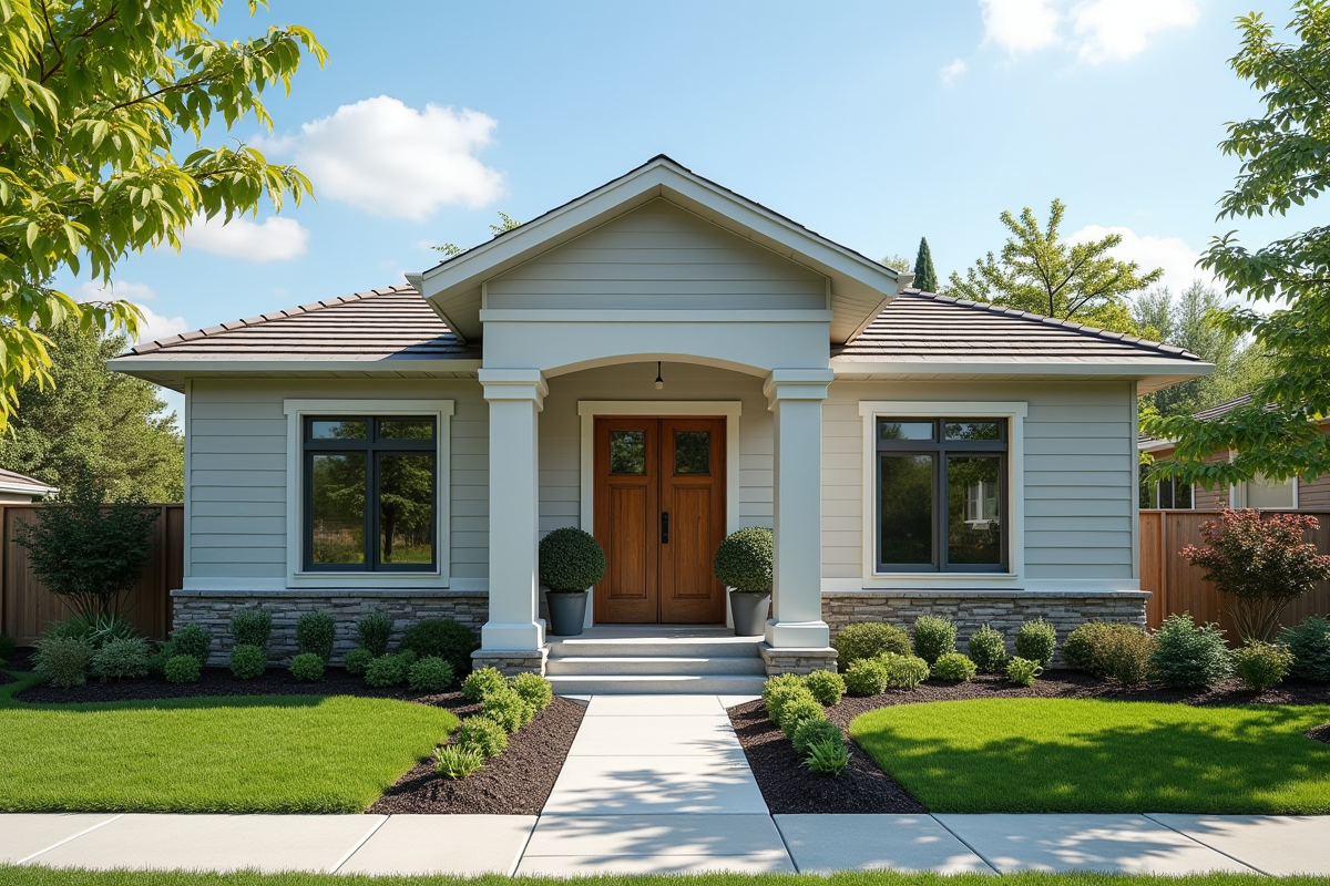 Façade de maison rénovée avec nouvelle peinture et jardin