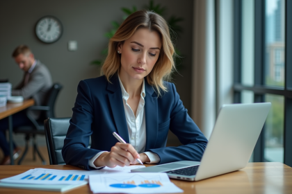 Femme d'affaires en réunion d'enchères et documents financiers