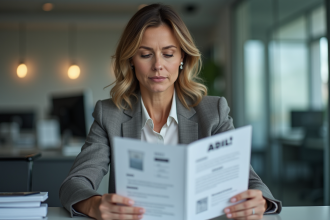 Femme en bureau lisant une brochure adil
