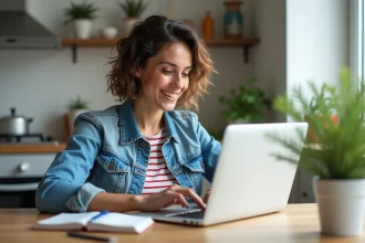 Femme souriante utilisant un ordinateur dans une cuisine lumineuse