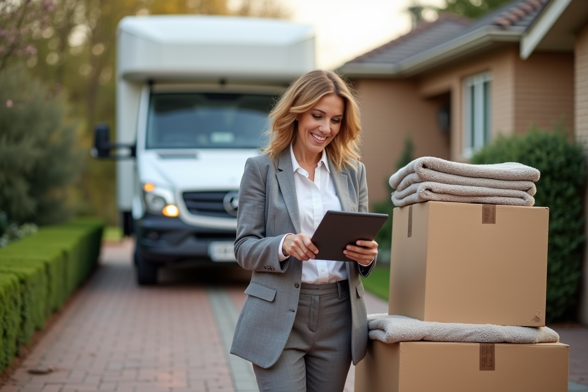 Femme souriante utilisant une tablette devant des cartons de demenagement