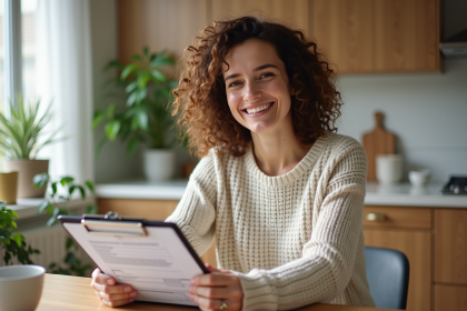 Femme souriante tenant un contrat de location dans une cuisine chaleureuse