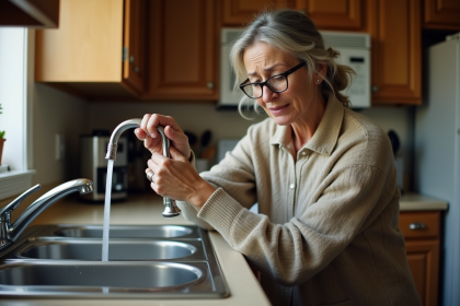 Femme pr&eacute;occup&eacute;e devant un &eacute;vier sans eau dans une cuisine